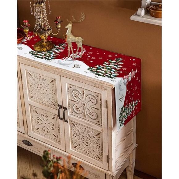 Christmas Table Runner - 108 Inches, Snowman Rustic Red Snowflake, 13"x 108" - Picture 4 of 6